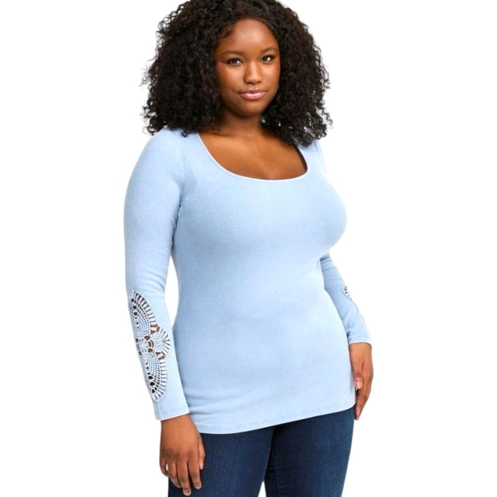 TORRID Plus Size Cotton Modal Blue Ribbed Scoop Neck Crochet Long Sleeve Top 2X